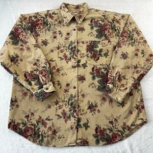 Eddie Bauer Vintage Button Down Shirt Women's Beige Floral Corduroy size large